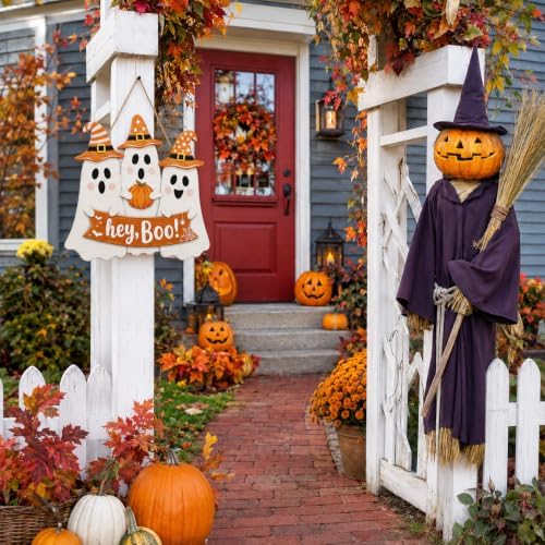 Halloween Ghost Door Sign, Wooden Hey Boo Hanging Wreath Pumpkin Door Decor