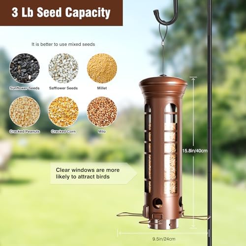 Squirrel Proof Bird Feeder for Outdoors, 360° Weight-Sensitive Activation, Removable Base for Easy Cleaning, 3 Lbs Capacity, 4 Feeding Ports, Tube Metal Bird Feeder for Cardinals, Finches