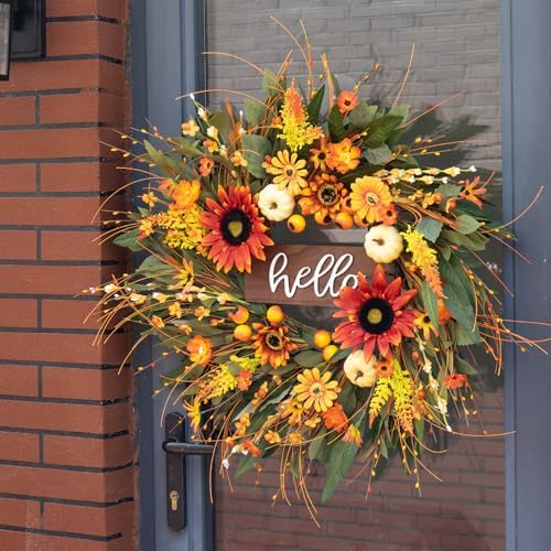 24 Inch Artificial Fall Wreaths for Front Door Outside with Hello Sign''