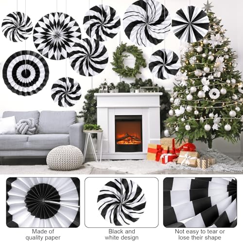 Outus 9 Pcs Black and White Paper Fans Classroom Decorations Candy Paper Fans Peppermint Hanging Candy Cane Ceiling Wall Decor for Halloween Party Back to School Classroom Birthday Party Decoration