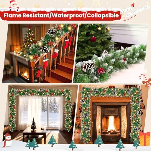 Christmas Garland with Lights 9 FT Artificial Christmas Garland 250 Pieces of Green Rattan Christmas Garland Holiday Artificial Decor for Stairs Wall Door Indoor Outdoor Garland