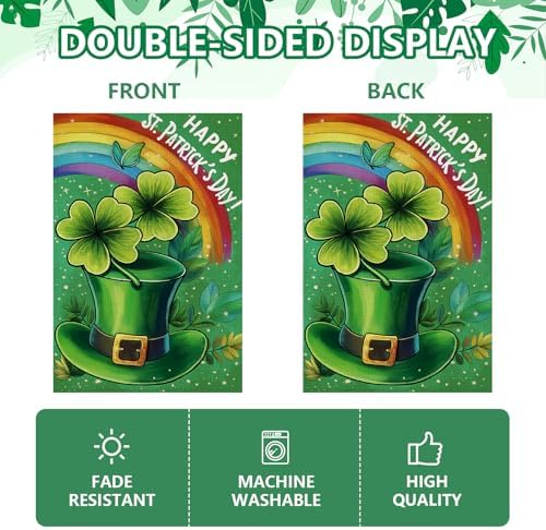 St Patricks Day Garden Flag 12x18In with Green Hat Four-leaf Clover
