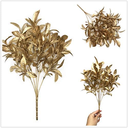 PASYOU Artificial Plants for Christmas Decor, Plastic Grass Fake Shrubs Simulation Leaves Indoor Outdoor Home Garden Planter Filler Party Hotel Verandah Wedding Faux DIY Decoration - Gold 4 Pack