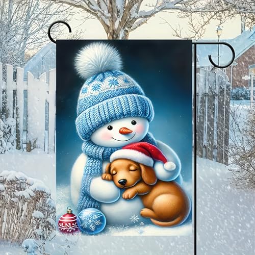 BlissYard Garden Flag Dachshund Snowman Winter 12x18 Inch Polyester