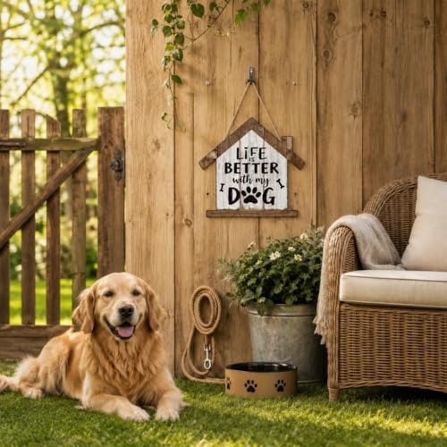 Smile Pet Wooden House Shaped Door Hanger,Life is Better with My Dog and Dog Paw Print Bone Door Sign for Pet Lover Home Front Door Porch Wall Decorations