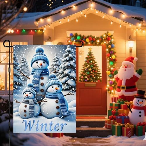 BlissYard Garden Flag Snowman Family Forest Winter 12x18 Inch Polyester