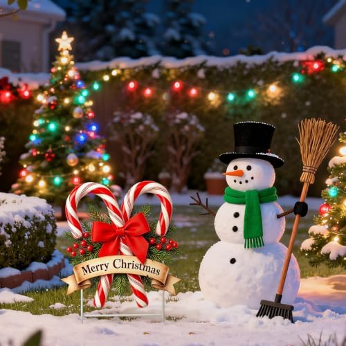 Weysat Christmas Outdoor Decorations Candy Cane Yard Signs with Ground Stakes Merry Christmas Garden Stake Decor Waterproof White Red Bow Outdoor Sign for Xmas Pathway Walkway Patio Garden Decoration