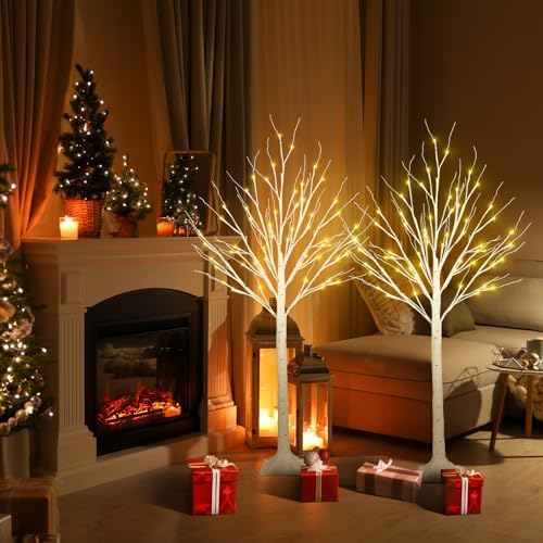 2 Pack 4FT Lighted Birch Trees, 96 LED Twinkling Trees, 2 Lighting Modes