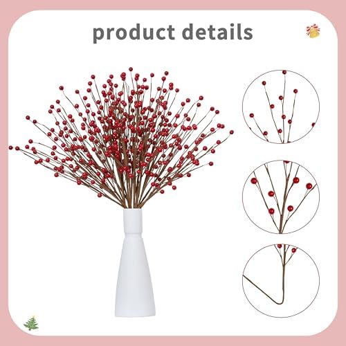 Christmas Decorations 24 Pcs Christmas Berry Stems 17inch Red Berry Picks for Xmas Tree Centerpieces Winter Holiday Flower Arrangements Home Centerpieces DIY Ornaments