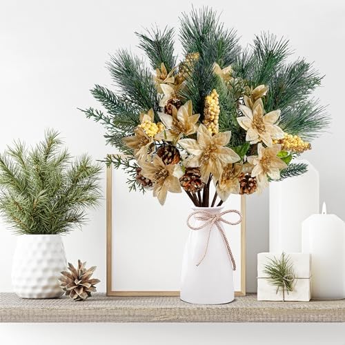 Sggvecsy 6 Pack Artificial Christmas Poinsettia Picks With Faux Berries, Pine Stems, Branches and Cones for Xmas Tree Wreath DIY Craft Floral Arrangement Holiday Decor (Gold)