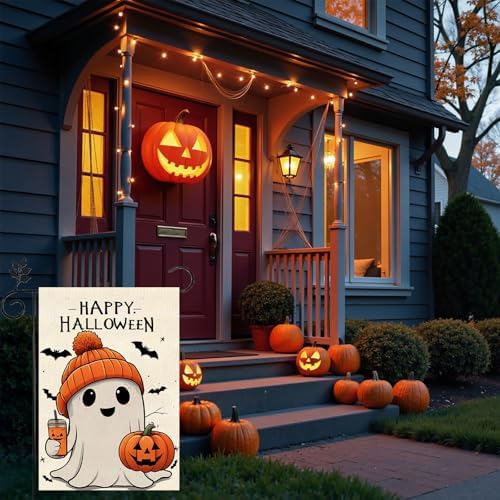 Halloween Ghost Garden Flag 12x18 Vertical Double Holiday Outside Decorations Burlap Yard Flag Spooky Pumpkin Seasonal Holiday Flag Farmhouse Yard Outdoor Flag Seasonal Welcome Yard Outdoor Flag Outdoor Decoration