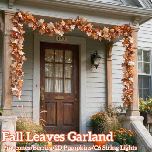 10Ft Lighted Fall Garland with Battery Operated C6 Orange Lights, Extra Long Maple Leaf Garland with Pumpkin Wood Signs, Pinecones & Yellow Berries, Thanksgiving Autumn Decor Indoor Outdoor