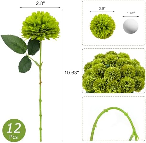 SITUMEIZI 12 Pcs Green Artificial Chrysanthemums Flowers Ball Flower Fake Mums Silk for St Patricks Day Wedding Home Kitchen Decoration Floral Arrangement Table Centerpiece (Pack of 2)