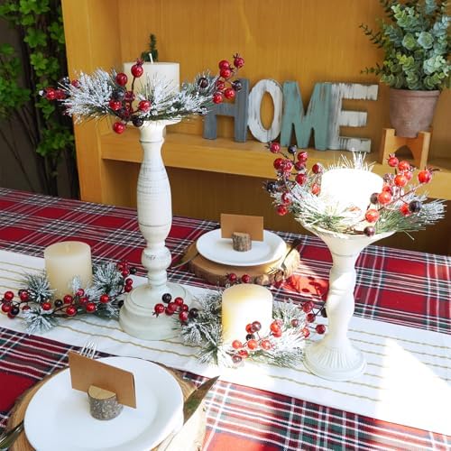 Winlyn 4 Pcs Artificial Pine and Berry Candle Rings Wreaths Snowy Pine Needle Red Berry Mini Christmas Wreaths 10.2" for Winter Wedding Home Holiday Party Decorations Mantel Door Table Centerpiece