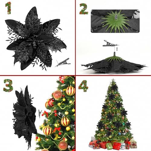 Childom 15 PCS Black Artificial Poinsettia Flowers with Clips,Christmas Decorations Glitter Poinsettia Christmas Ornaments Xmas Tree Flower with Stems DIY Xmas Wreath Home Holiday Party Supplies
