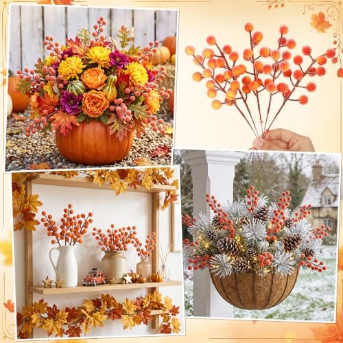 Suncalla 20 Pcs Fall Frosted Berry Stem, Floral Picks,Yellow Red,Scatter