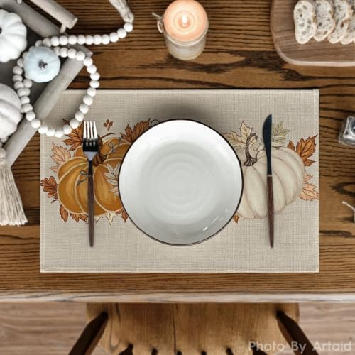 Artoid Mode Orange Pumpkin Leaves Fall Placemats Set of 4-12 x 18 Inch