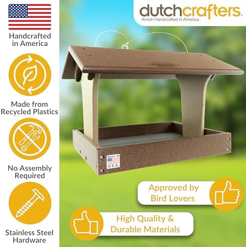 DutchCrafters Plastic Poly Covered Roof Hanging Fly Through Bird Feeder Open Side Platform Seed Tray for Outside Outdoor Garden - Amish American Made in USA (Tudor Brown & Weatherwood)