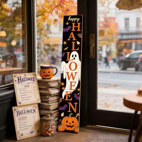Happy Halloween Ghost Pumpkin Porch Sign 47 Inch Rustic Vertical Welcome Sign Farmhouse Wooden Front Door Standing Outdoor Indoor Halloween Decor