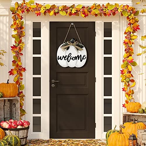 Jetec Fall Door Decor, Wooden Fall Pumpkin Welcome Sign Hanger, White