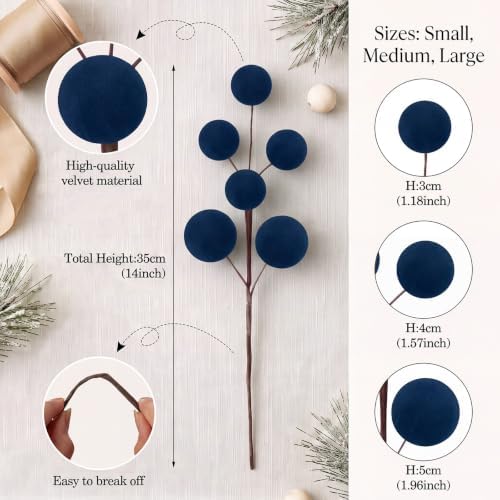 Suncalla 8 Pcs Velvet Christmas Tree Picks, Foggy Blue Ornament Stems