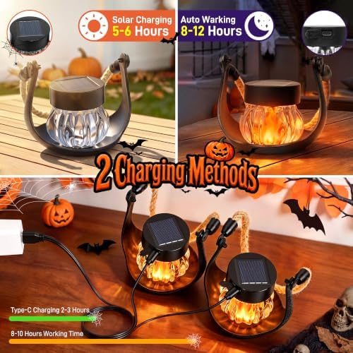 Halloween Solar Pumpkin Lantern with Flickering Flame, 2 Pack Rechargeable