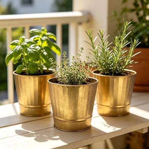 Hosley Metal Planters Pack of 2, Ideal Farmhouse Decor for Floral Arrangements Weddings, Gift Special Events Parties Outdoor Planters Gold 5" Dia x 4.8" H