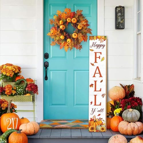 47" Fall Wooden Porch Sign Happy Fall Y' All Front Door Welcome Sign Pumpkin Maple Leaf Standing Sign Vertical Wooden Hanging Decor for Thanksgiving Garden Home Yard Farmhouse Autumn Decorations