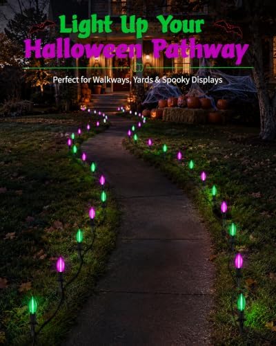 Halloween Pathway Lights with 10 Green and Purple C9 LED Stakes