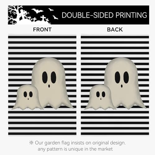 Halloween Garden Flags 12x18 Inch Ghost Black and White Stripes Small Flags for Outside Holiday Scary Yard Flag for Lawn Outdoor Decorations Sign