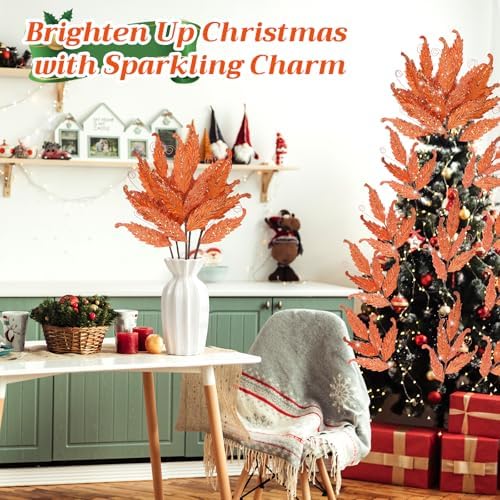 HyDren 10 Pcs Christmas Glitter Leaves Ornaments, Orange