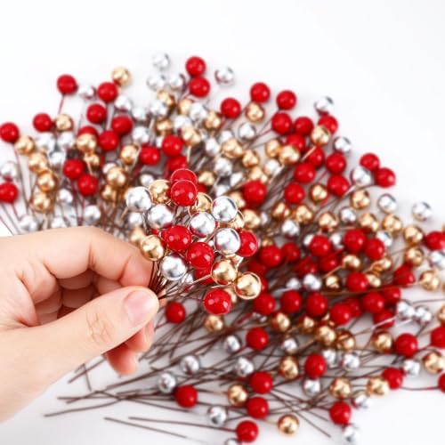 JULBEAR 300 Pcs Gold Artificial Holly Berries on Wire Stems for Crafts