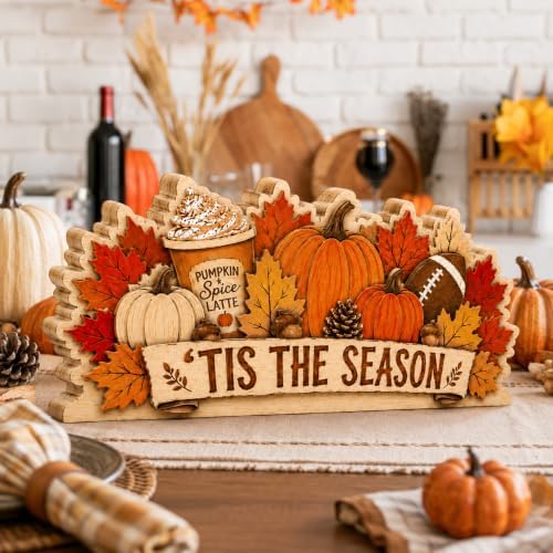 Fall Pumpkin Decor Wooden Sign, Tis the Season Football Tabletop Decor