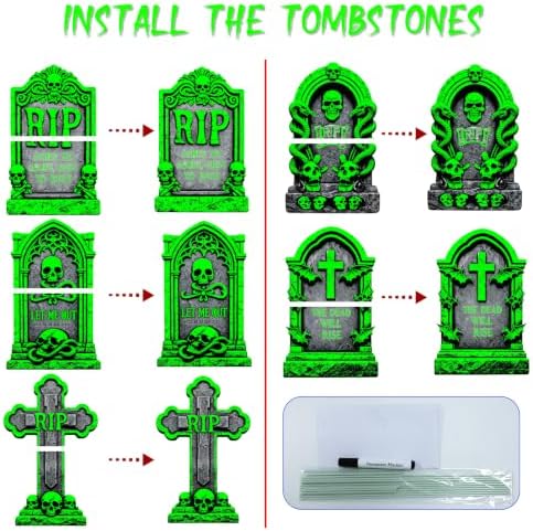 25.2in Glow in The Dark Halloween Tombstones Outdoor Decor - 5PCS Large DIY Graveyard Tombstones for Graves, Halloween Yard Signs with Stakes for Haunted House, Lawn & Party