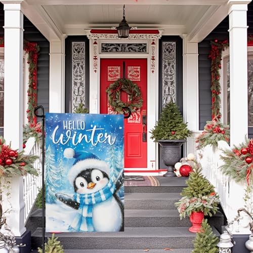 Hello Winter Penguins Garden Flags for Outside 12x18 Inch Snow Scenery Welcome Small Yard Flag Double Sided Snowflakes Flags for Outdoor Decorations