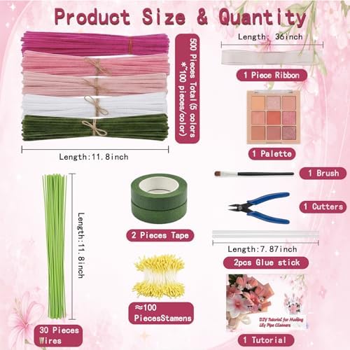 Eywwuu 540 Pcs Pipe Cleaner Flower Kit, DIY Flower Bouquet Making Kit with 5 Pastel Chenille Stem Colors, 30 Floral Stems, Tape, Stamen, Glue Sticks, Pliers and Brush for Rose Tulip Lily Crafts
