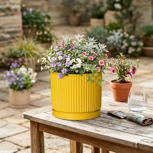 Ceramic Planter 8 Inch, Round Flower Pots with Saucer, Yellow