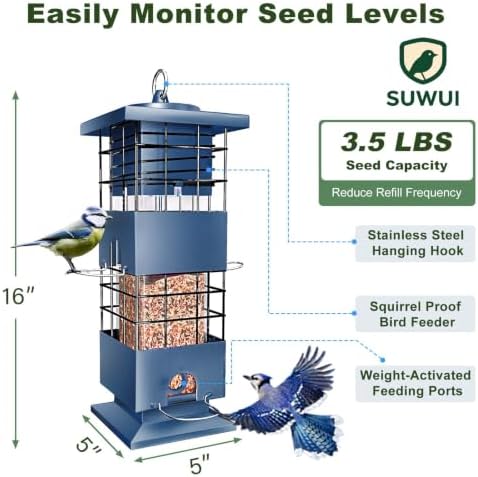 Squirrel Proof Bird Feeder, 3.5Lbs Metal Wild Bird Feeders Anti Squirrel with 4 Feeding Ports for Garden Bird Feeding Station Outdoors Hanging, Pigeon Resistant, Easy to Clean & Refill （Blue）
