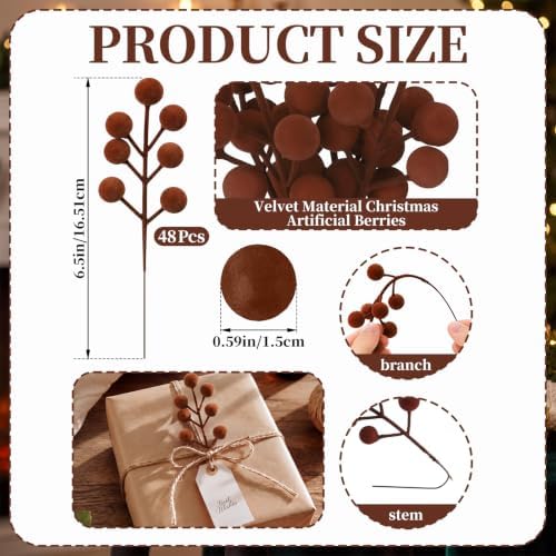 48 Pcs Brown 6.5 Inch Christmas Holly Berry Stems