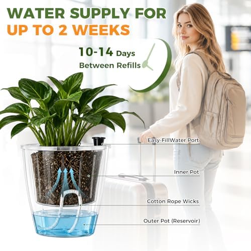 Clear Self Watering Pots for Indoor Plants, 3-Pack 6.7 Inch Top-Fill Self Watering Planter, Clear Orchid Pots with Drainage, Wick Inner Basket, Semi Hydroponic Pot, Transparent