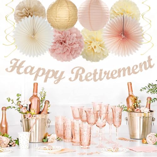 Champagne Gold Beige Happy Retirement Banner Party Decorations Burgleda