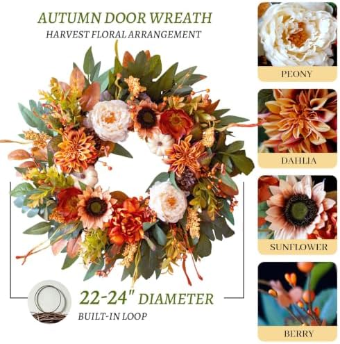 24 Inch Harvest Fall Wreaths for Front Door Outside with Sunflowers,Peony