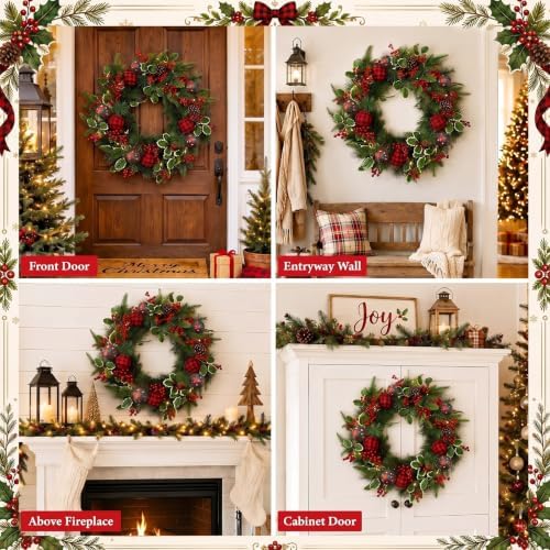 Tartan Plaid Christmas Wreath for Front Door Cedar Wreath with Holly Berry