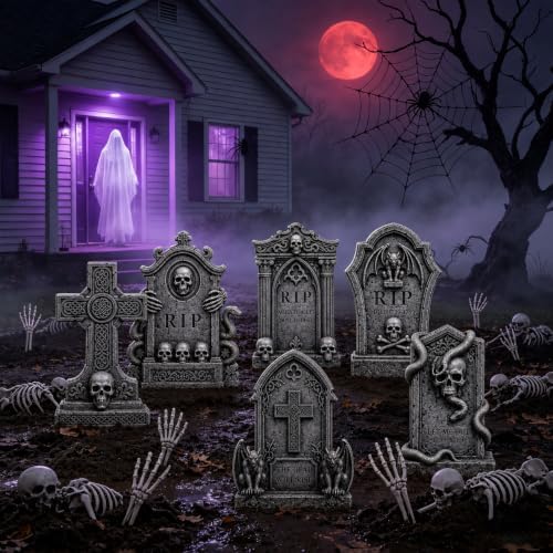 Graveyard Halloween Tombstones Decorations Outdoor: 6 Pcs Large Tombstone Halloween Yard Signs with Stakes, Realistic Scary Skeleton RIP Gravestones Lawn Cemetery Halloween Decor Front Lawn Garden Haunted House Props