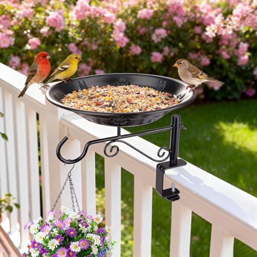 Balcony Bird Feeder, Bird Bath with Plant Hook for Outdoors, Black
