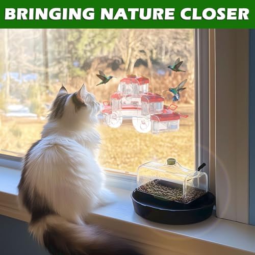 Birdream Window Hummingbird Feeder, Strong Suction Cup Hummingbird Feeder with 9 Feeding Ports & Clean Brush, Attracting Ruby Throated Anna Rufous - Red, 9oz