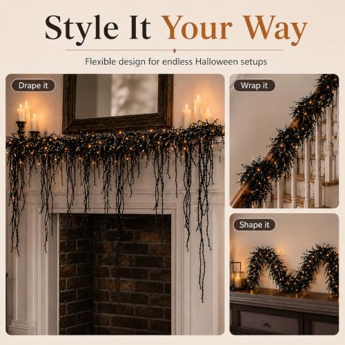 Halloween Lighted Creepy Vine Garland, Black Garland with Light，70.9‘