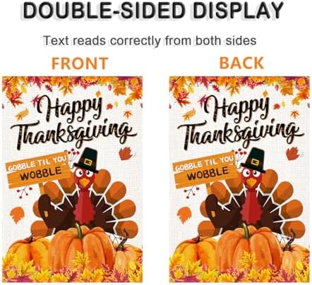LosFong Happy Thanksgiving Garden Flag 12x18 Inch Double Sided Burlap Autumn Leaves Turkey Harvest Pumpkin Farmhouse Small Fall Thankful Yard Flag for Outside Decoration (Thanksgiving)
