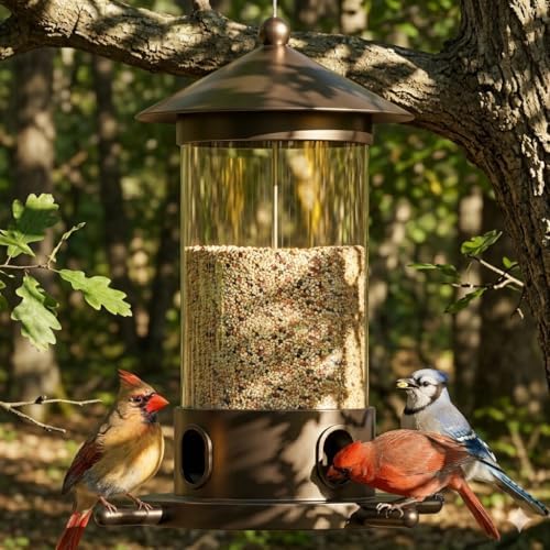 MrCrafts Metal Bird Feeder for Outdoor Hanging - Premium Iron Wild Bird Feeders, Bronze Heavy Duty Iron with Drainage Holes, One-Handed Refill Sliding Roof, Elegant Minimalist Garden Decor