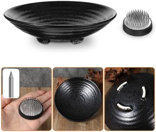 Japanese Ikebana Kit, Ceramic Bowl Vase, Floral Frog Flower Container with Kenzan Needle Straightening Tool, 6.7 Inch & 1.57 Inch Black for Floral Arrangement Art, Home Office Decor